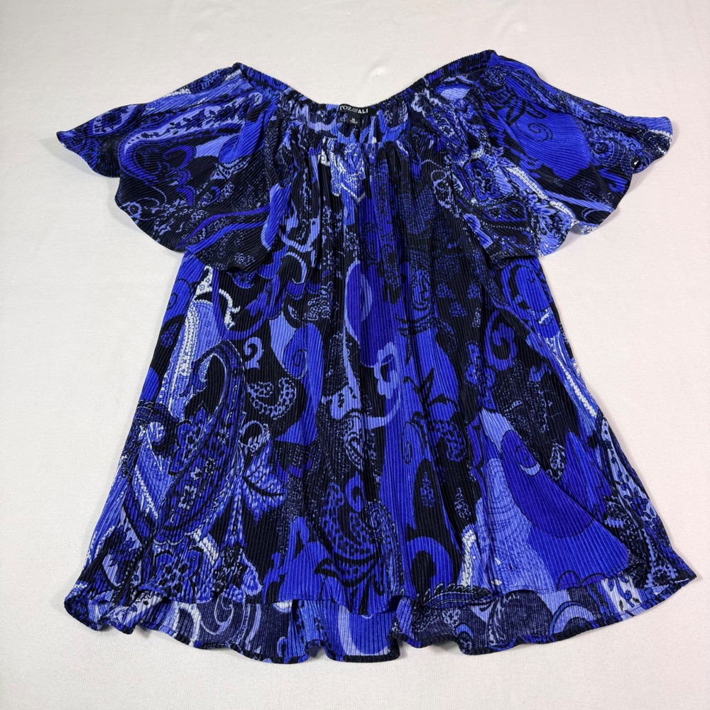 Roz & Ali Blouse M Blue Paisley Pleated Off Shoulder Flutter Sleeve Boho Top